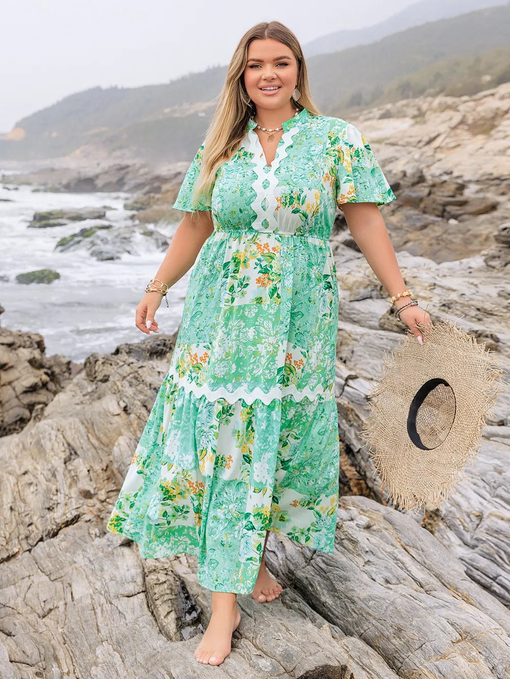 Plus Size Printed Notched Short Sleeve Maxi Dress - LoveNest Treasures