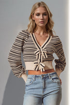 Double Take Full Size Striped Bow Decor Cropped Cardigan - LoveNest Treasures
