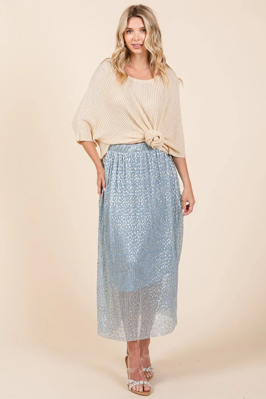 Mittoshop Metallic Glitter Speckle Print Elastic Midi Skirt - LoveNest Treasures