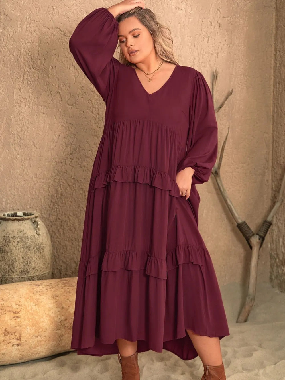 Plus Size Ruffled V-Neck Long Sleeve Dress - LoveNest Treasures