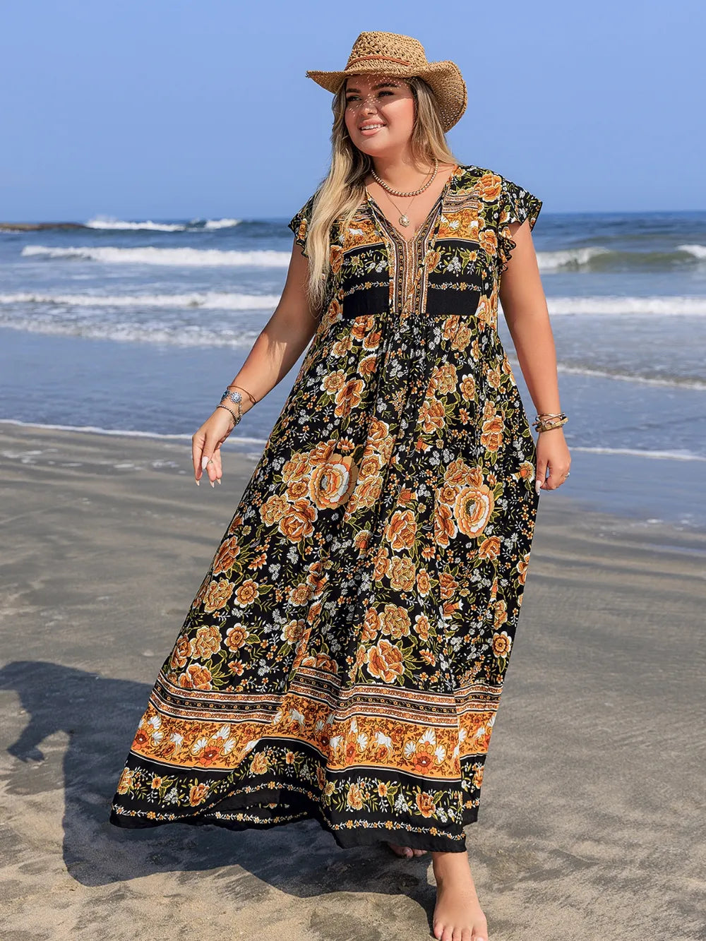 Plus Size Printed V-Neck Ruffle Cap Sleeve Maxi Dress - LoveNest Treasures
