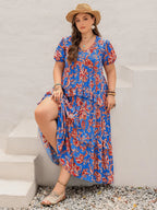 Plus Size Ruffled Printed V-Neck Short Sleeve Maxi Dress - LoveNest Treasures