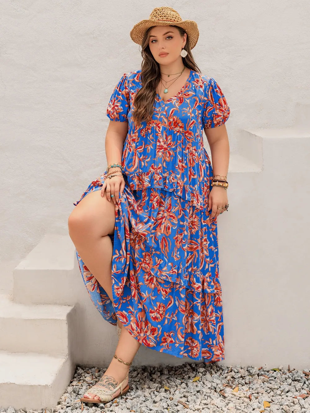Plus Size Ruffled Printed V-Neck Short Sleeve Maxi Dress - LoveNest Treasures