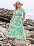 Plus Size Printed Notched Short Sleeve Maxi Dress - LoveNest Treasures