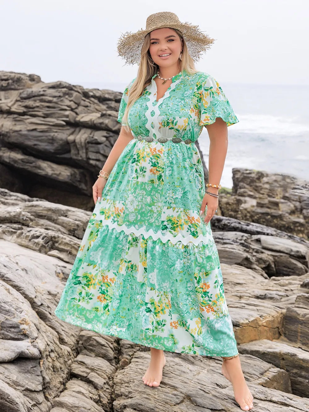 Plus Size Printed Notched Short Sleeve Maxi Dress - LoveNest Treasures