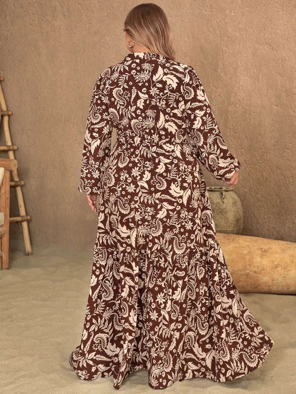 Plus Size Notched Balloon Sleeve Printed Maxi Dress - LoveNest Treasures