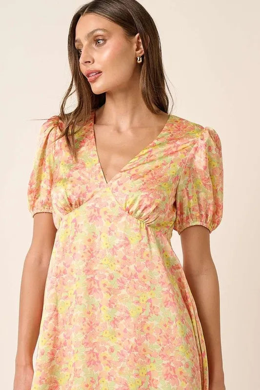 Mittoshop Printed V-Neck Puff Sleeve Mini Dress - LoveNest Treasures