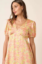 Mittoshop Printed V-Neck Puff Sleeve Mini Dress - LoveNest Treasures