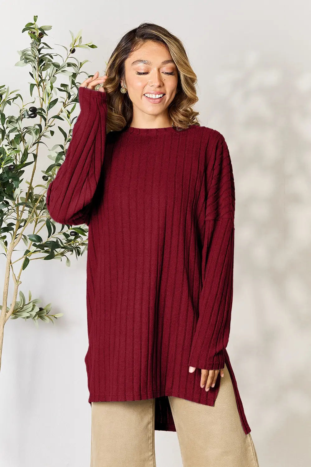 Basic Bae Full Size Ribbed Round Neck Long Sleeve Slit Top - LoveNest Treasures