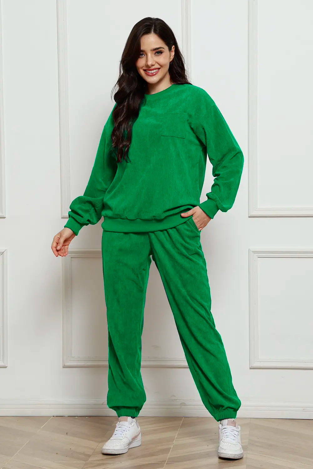 Corduroy Round Neck Sweatshirt and Sweatpants Set - LoveNest Treasures