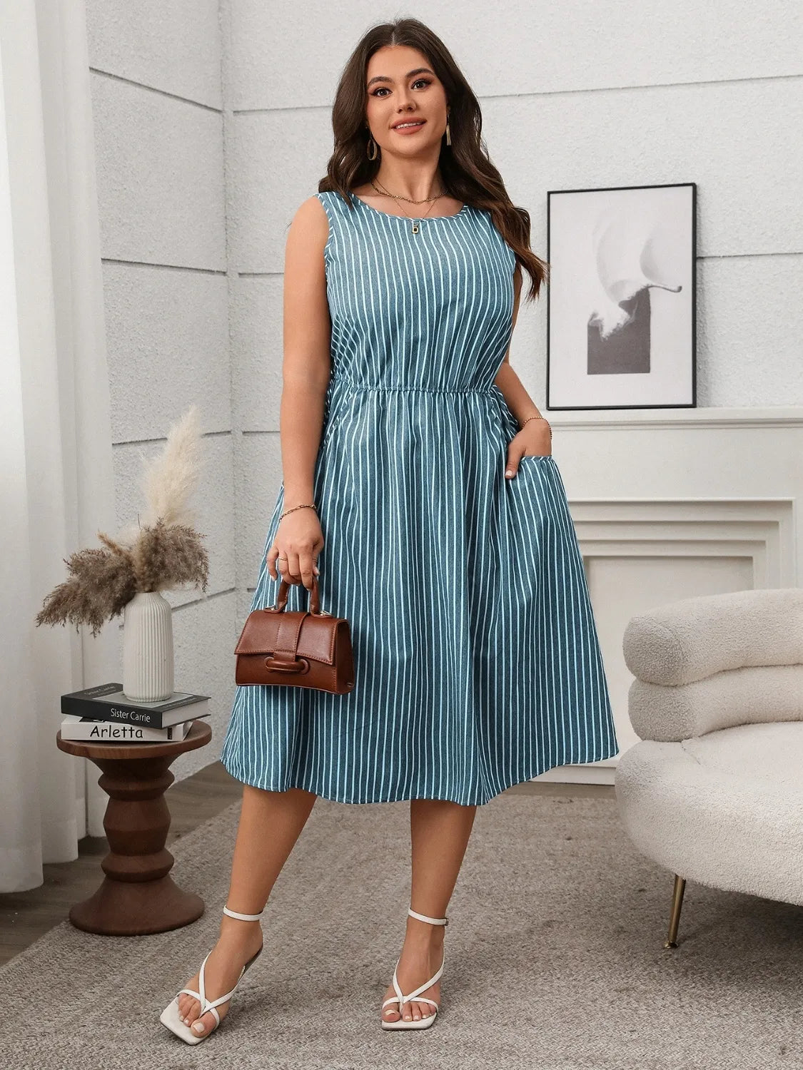 Plus Size Striped Round Neck Sleeveless Dress - LoveNest Treasures