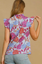 Umgee Full Size Floral Print Ruffled Cap Sleeve Blouse Plus Size - LoveNest Treasures