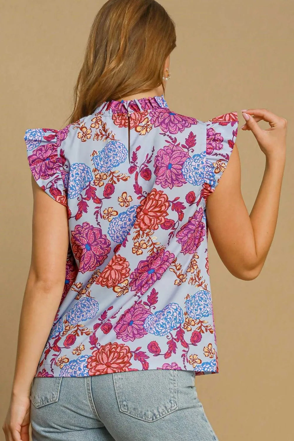 Umgee Full Size Floral Print Ruffled Cap Sleeve Blouse Plus Size - LoveNest Treasures