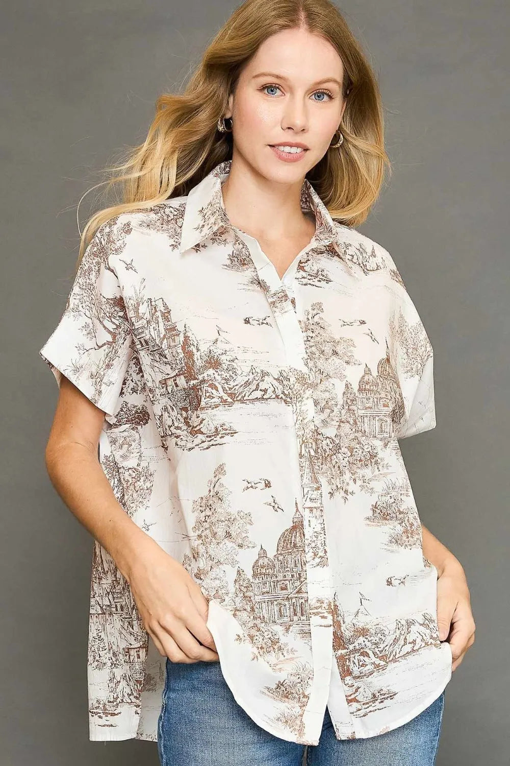 Umgee Full Size Two Tone Print Button Up Short Sleeve Shirt Plus Size - LoveNest Treasures