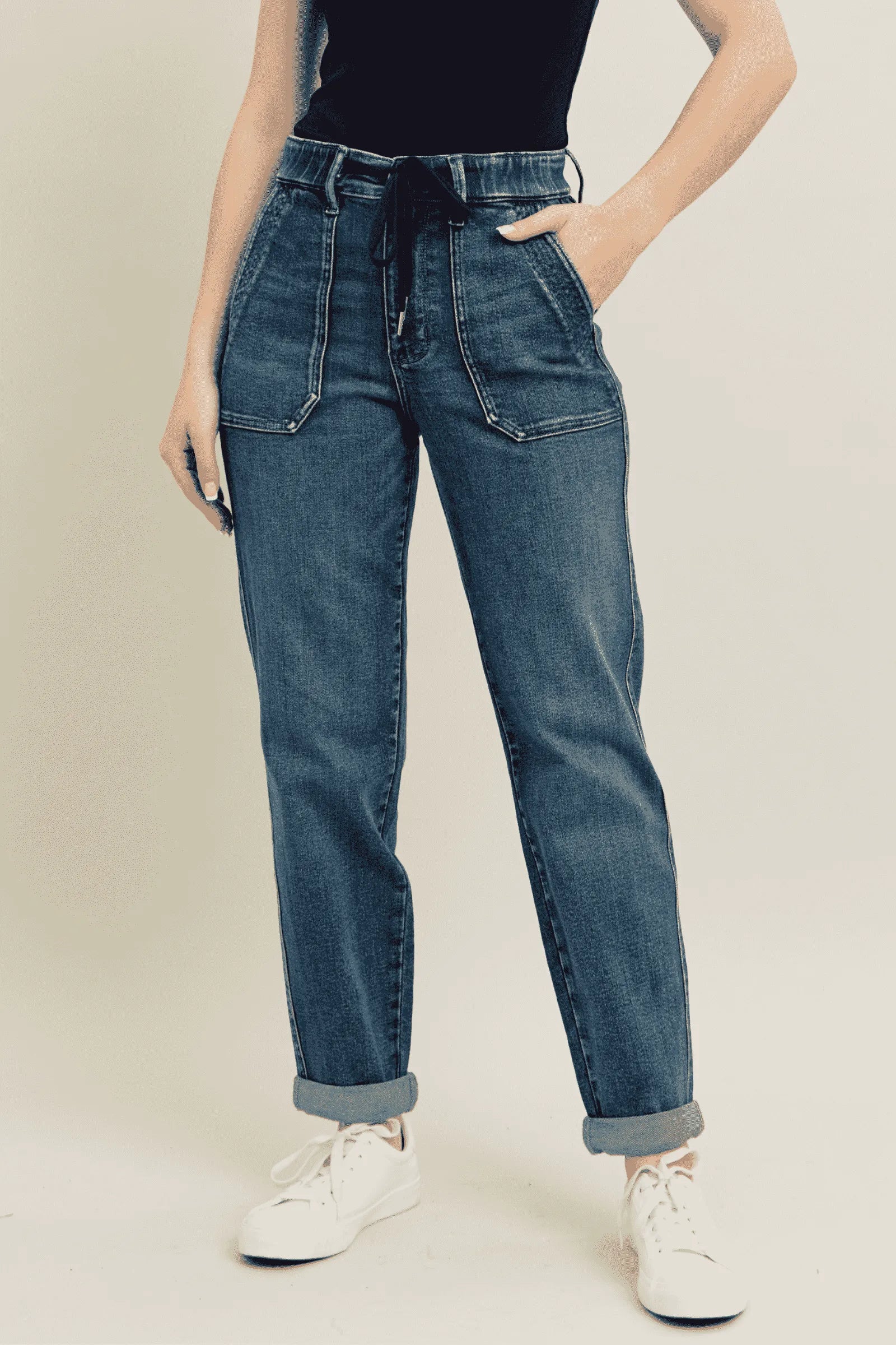 Judy Blue Full Size HW Vintage Wash Jeans w/ Drawstring Plus Size - LoveNest Treasures