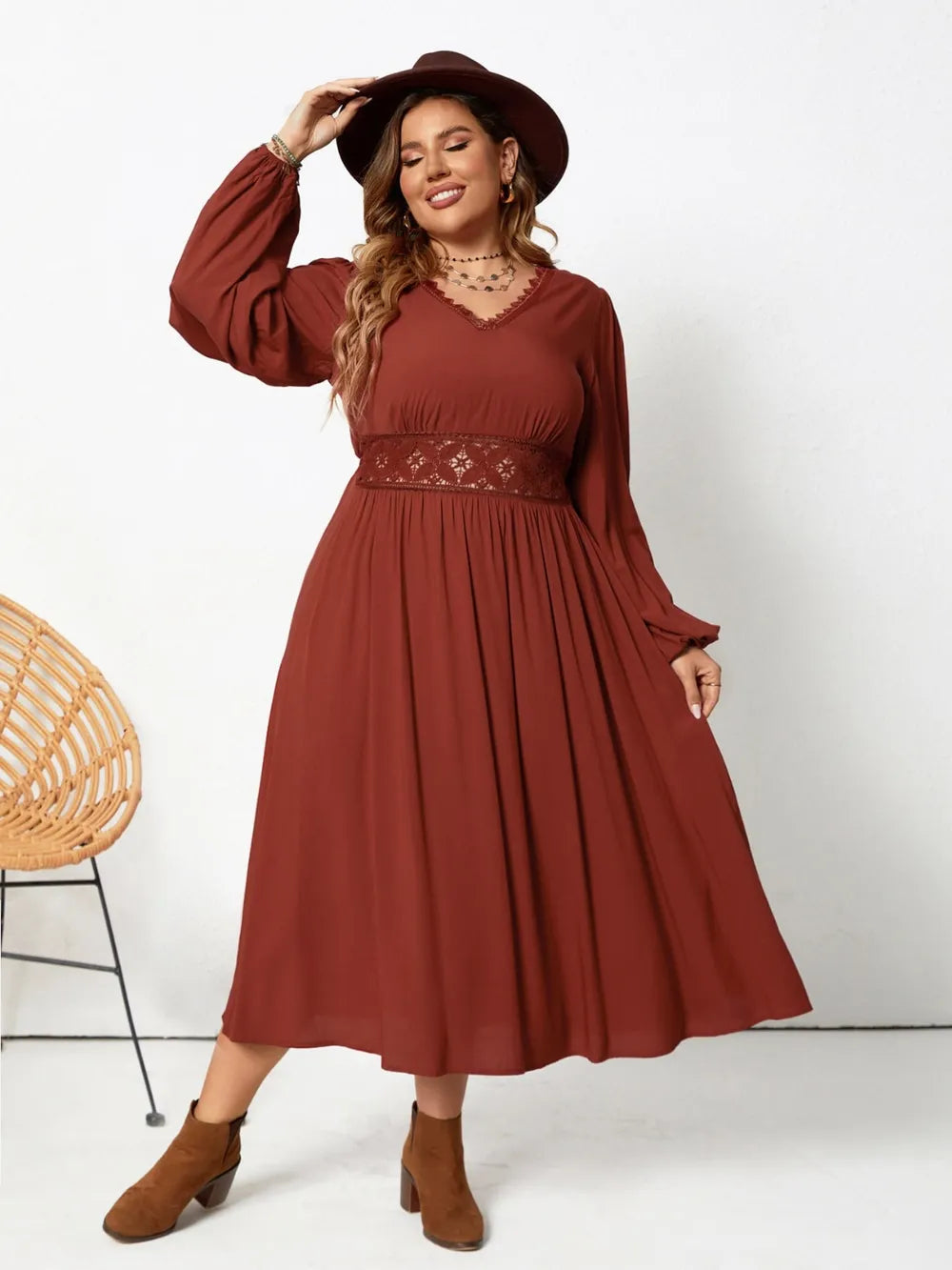 Plus Size Lace Detail V-Neck Balloon Sleeve Dress - LoveNest Treasures