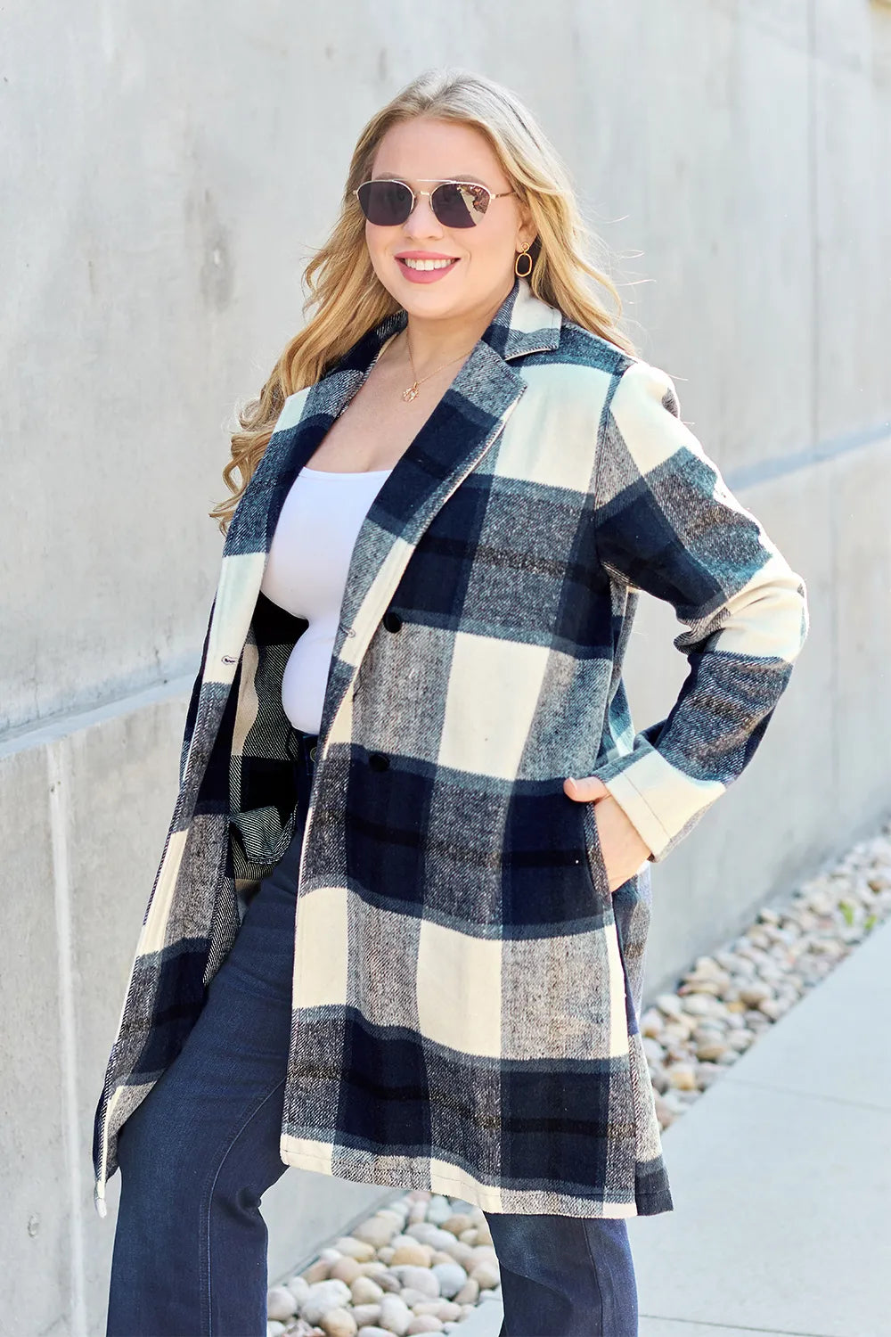 Double Take Full Size Plaid Button Up Lapel Collar Coat - LoveNest Treasures