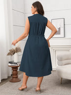 Plus Size Button Front Tie Waist Sleeveless Dress - LoveNest Treasures