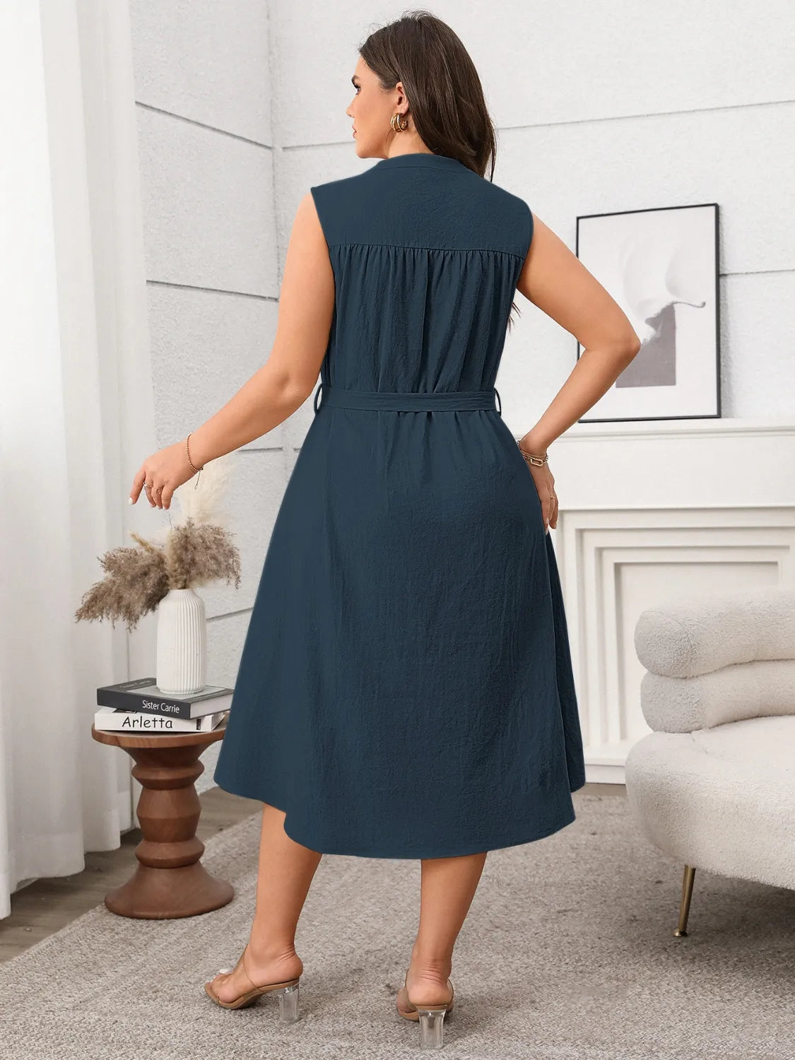 Plus Size Button Front Tie Waist Sleeveless Dress - LoveNest Treasures