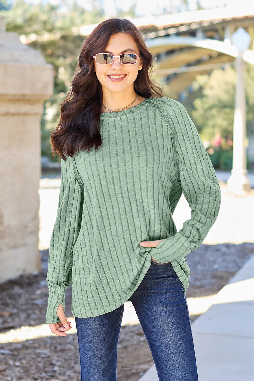 Basic Bae Full Size Ribbed Round Neck Long Sleeve Knit Top - LoveNest Treasures