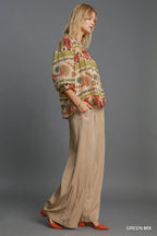 Umgee Full Size Border Print Notched 3/4 Puff Sleeve Blouse Plus Size - LoveNest Treasures