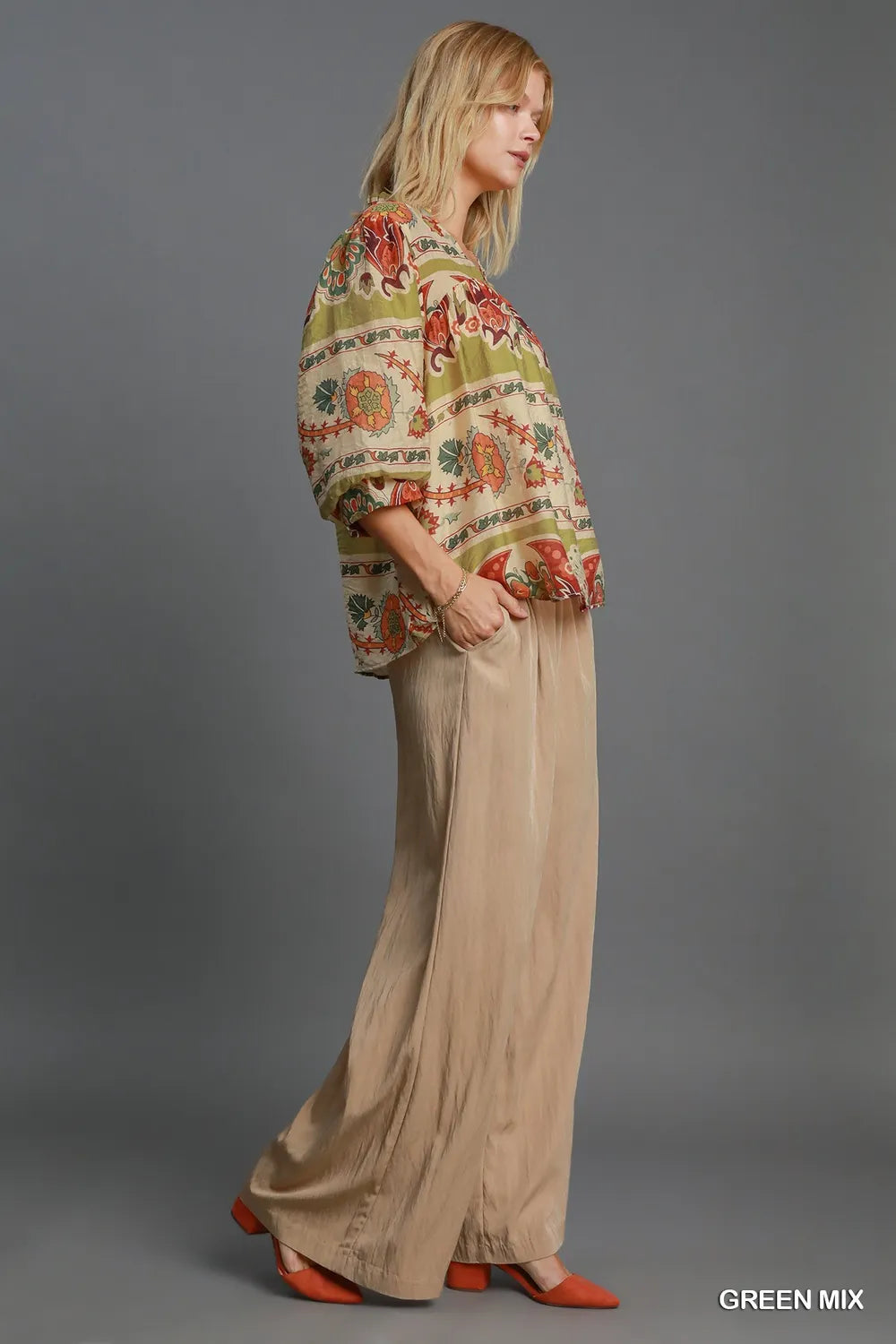 Umgee Full Size Border Print Notched 3/4 Puff Sleeve Blouse Plus Size - LoveNest Treasures