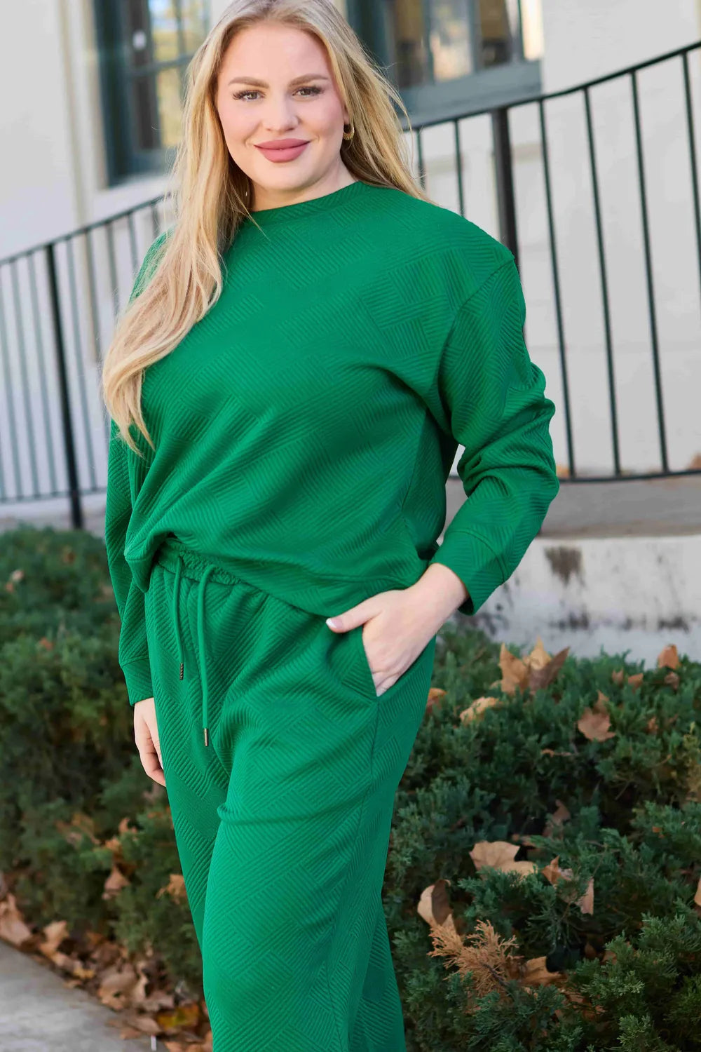 Double Take Full Size Textured Long Sleeve Top and Drawstring Pants Set - LoveNest Treasures