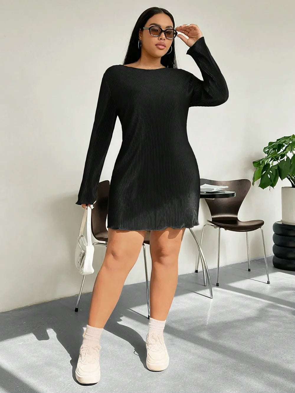 Honey Plus Size Lettuce Hem Round Neck Long Sleeve Dress - LoveNest Treasures
