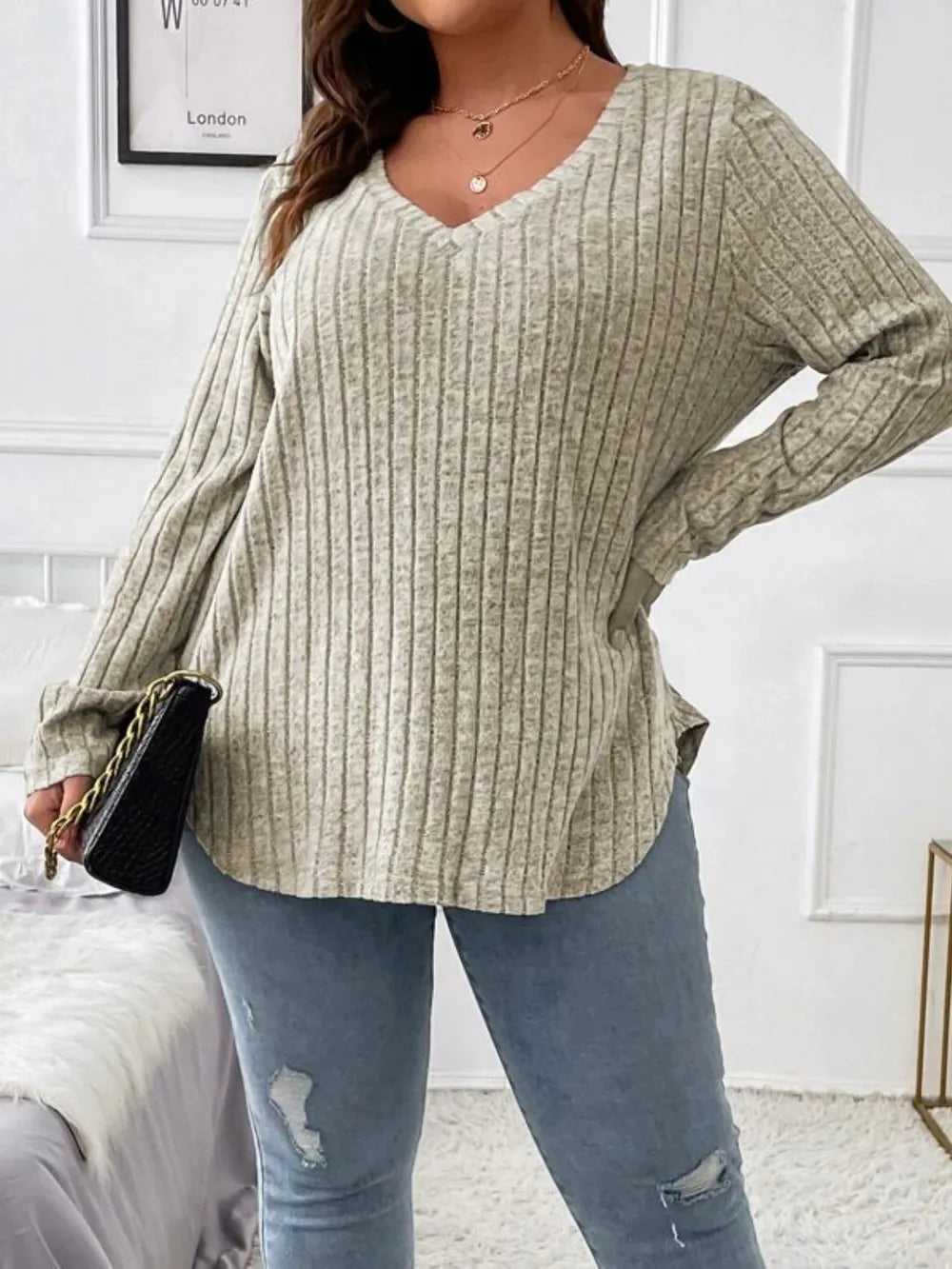 Plus Size V-Neck Long Sleeve T-Shirt - LoveNest Treasures