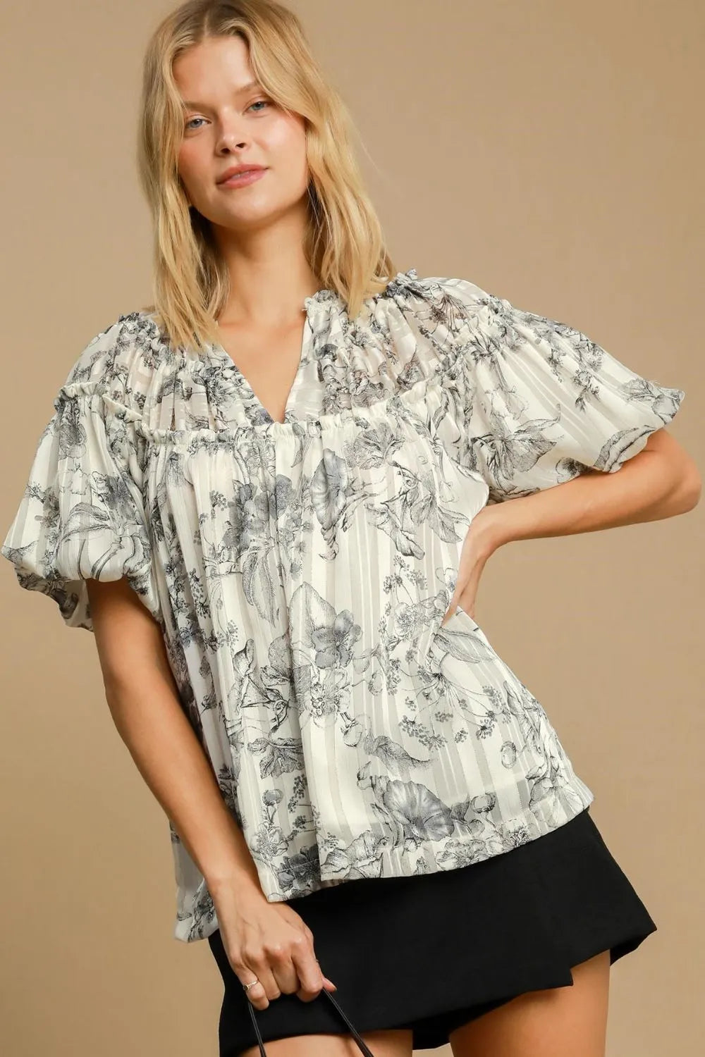 Umgee Full Size Floral Print Metallic Ruffle Blouse Plus Size - LoveNest Treasures