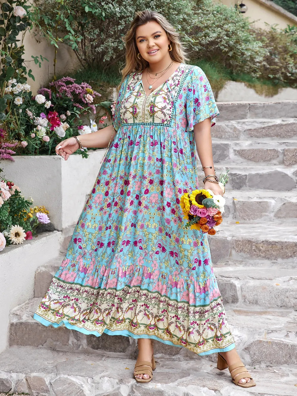 Plus Size Printed Tie Neck Flutter Sleeve Maxi Dress - LoveNest Treasures