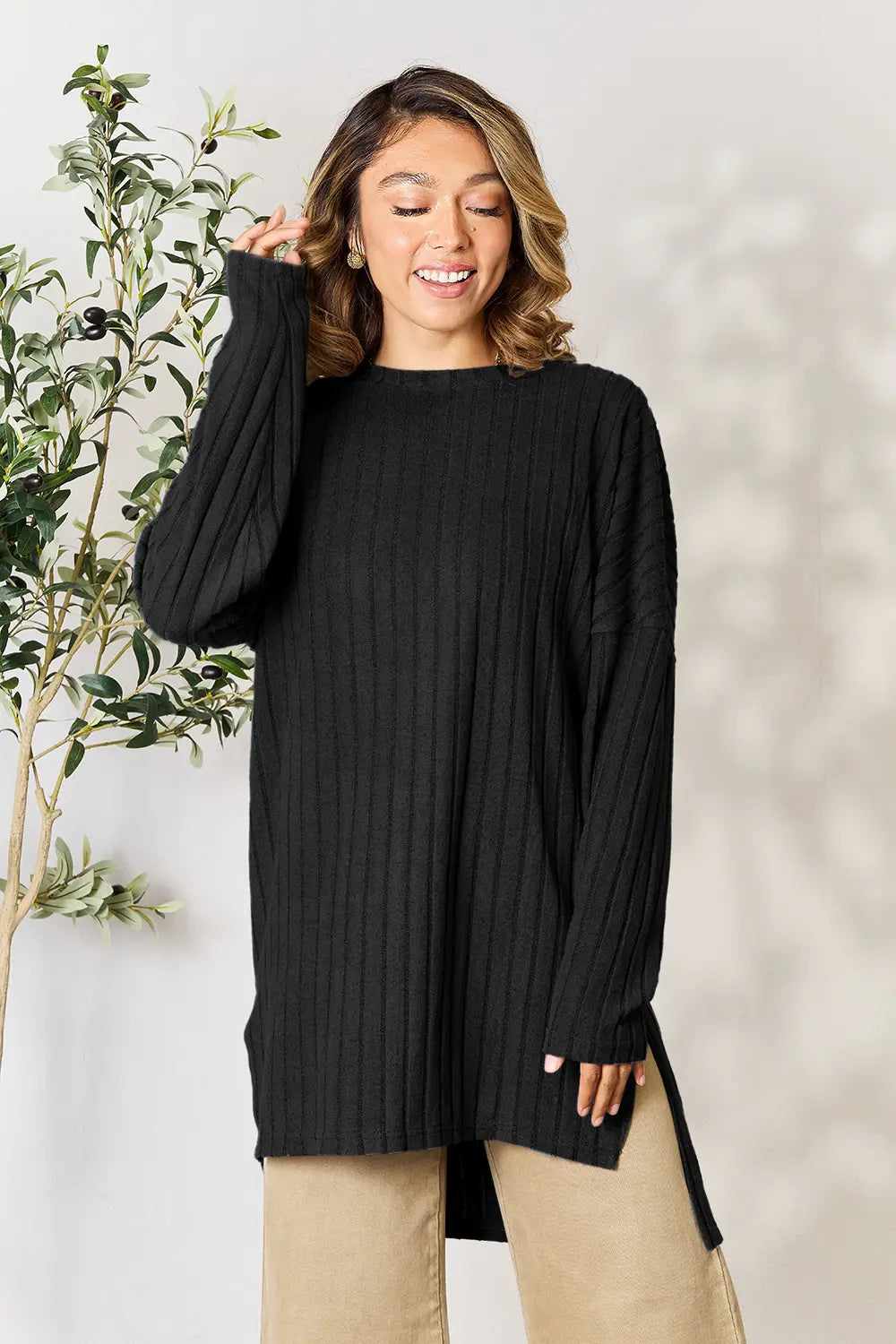 Basic Bae Full Size Ribbed Round Neck Long Sleeve Slit Top - LoveNest Treasures