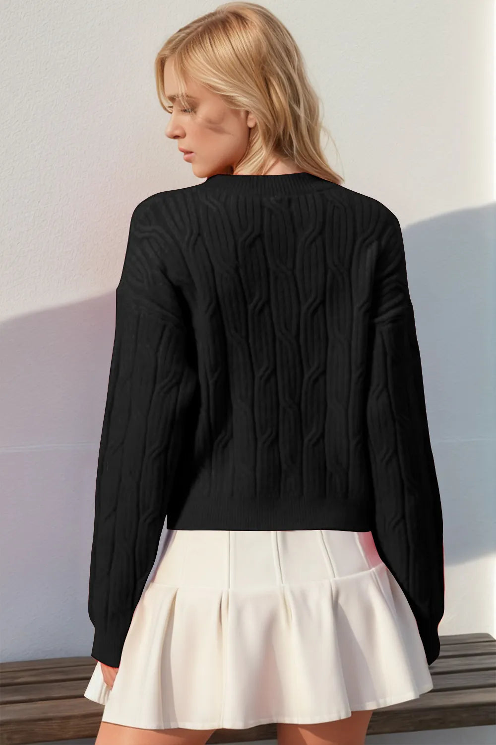 Double Take Full Size Bow Cable-Knit Round Neck Sweater - LoveNest Treasures
