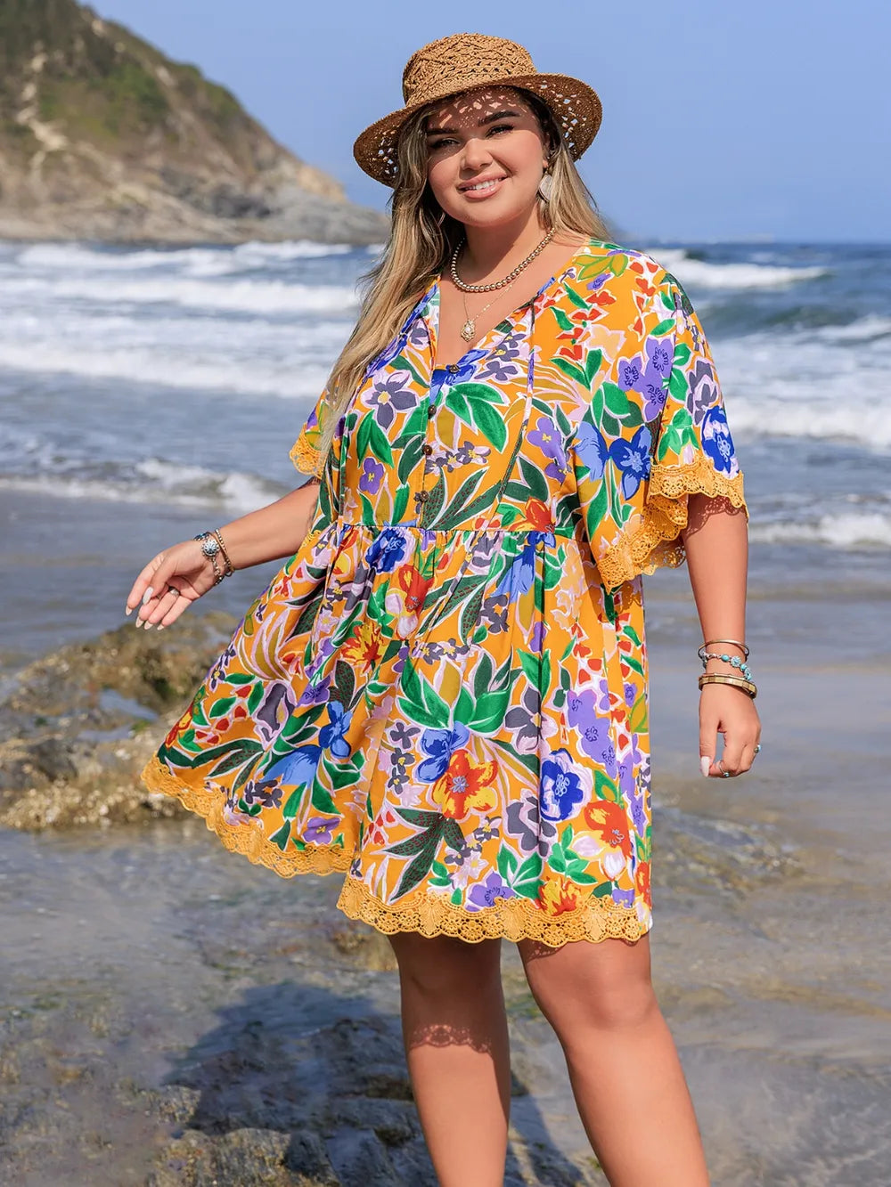 Plus Size Lace Detail Printed Tie Neck Half Sleeve Dress - LoveNest Treasures