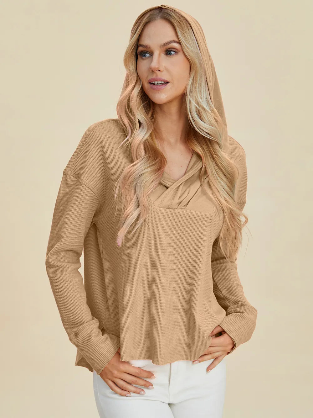 Double Take Full Size High-Low Dropped Shoulder Long Sleeve Hoodie - LoveNest Treasures