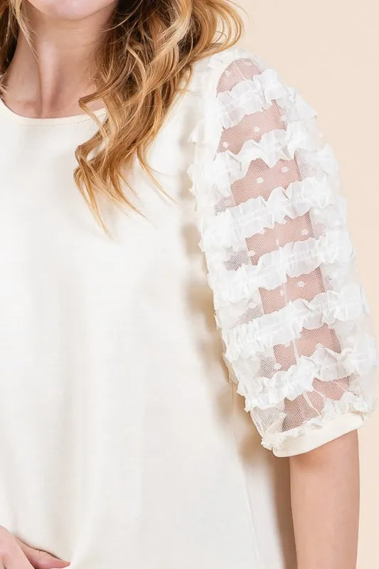 Lime 'N' Chili Full Size Lace Puff Sleeve Round Neck Top Plus Size - LoveNest Treasures