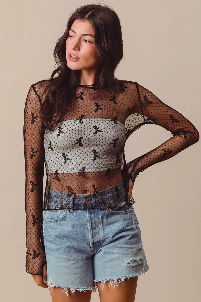SO ME Bow Ribbon Pattern Sheer Lace Top - LoveNest Treasures