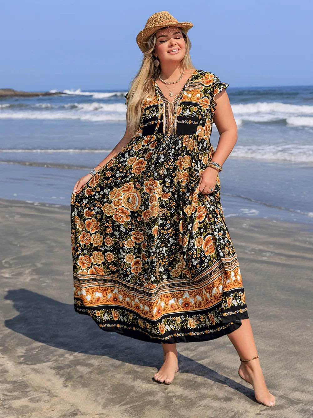 Plus Size Printed V-Neck Ruffle Cap Sleeve Maxi Dress - LoveNest Treasures