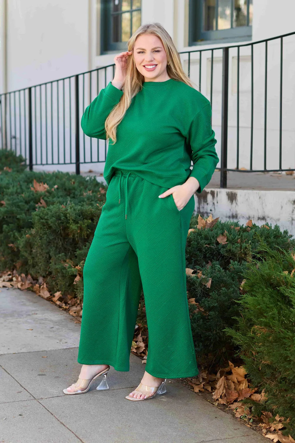 Double Take Full Size Textured Long Sleeve Top and Drawstring Pants Set - LoveNest Treasures