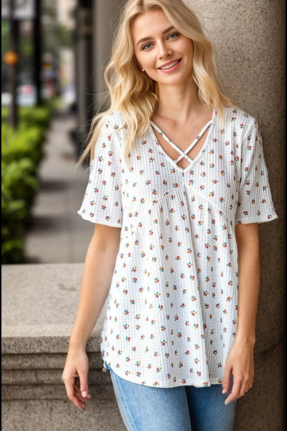 Heimish Full Size Crisscross Ditsy Floral Babydoll Top Plus Size - LoveNest Treasures
