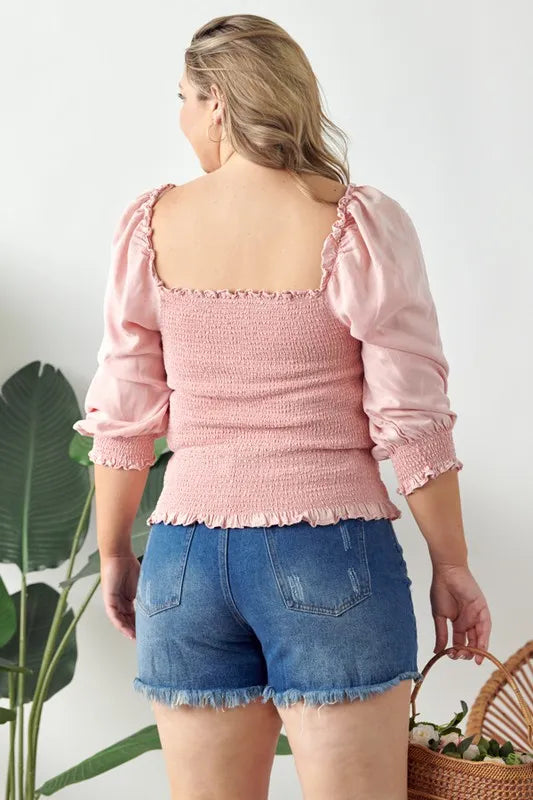 GeeGee Full Size Ruffled Smocked Frill Square Neck Top Plus Size - LoveNest Treasures