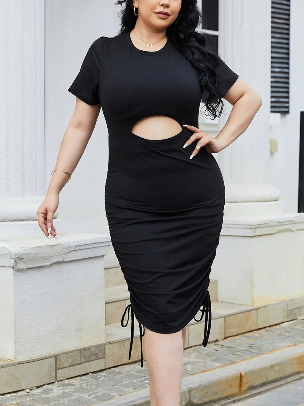 Plus Size Cutout Ruched Round Neck Short Sleeve Dress - LoveNest Treasures