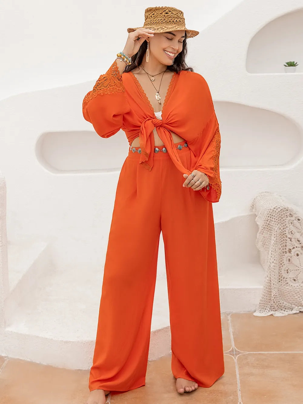 Plus Size Lace Detail Long Sleeve Top and Pants Set - LoveNest Treasures