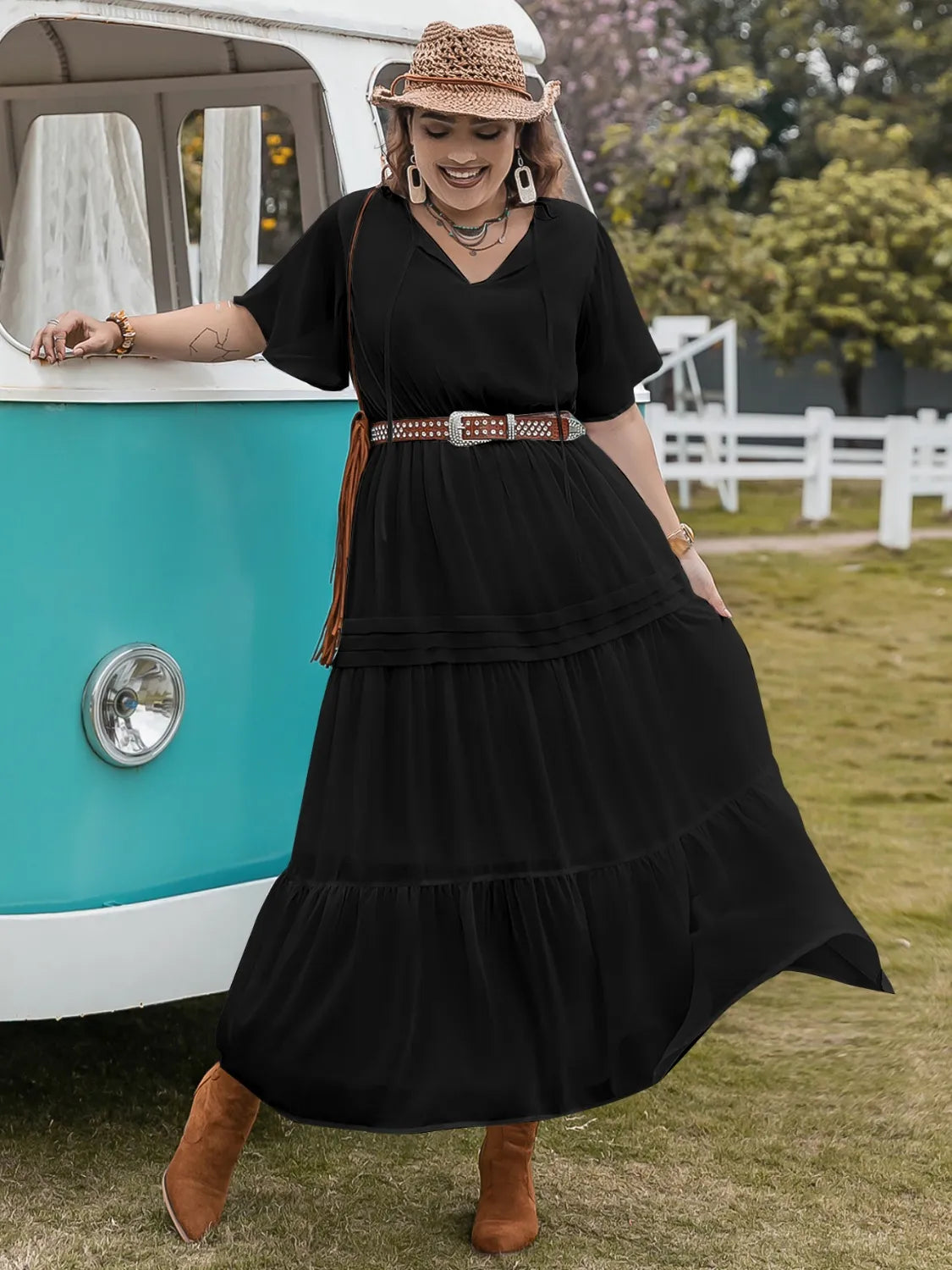 Plus Size Tie Neck Flutter Sleeve Dress - LoveNest Treasures