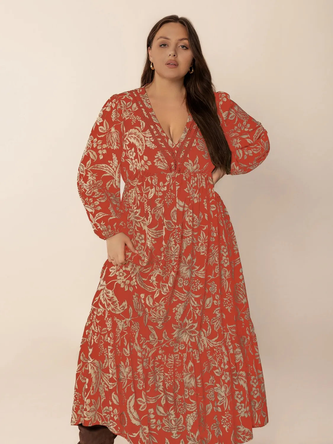 Plus Size Lace Detail Printed Balloon Sleeve Midi Dress - LoveNest Treasures