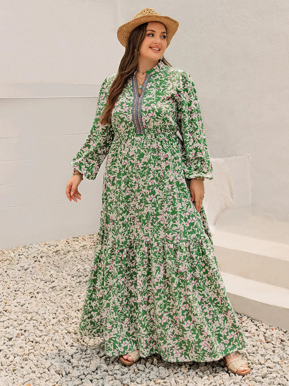 Plus Size Printed Notched Long Sleeve Maxi Dress - LoveNest Treasures