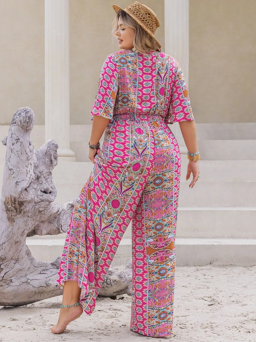 Plus Size Printed Half Sleeve Wide Leg Jumpsuit - LoveNest Treasures