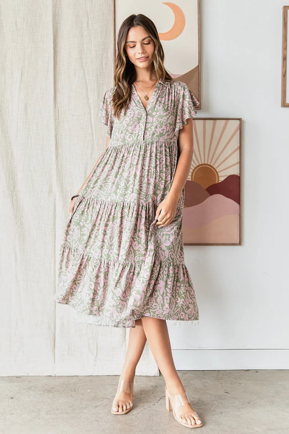 Mittoshop Abstract Print Ruffle Tier Midi Dress - LoveNest Treasures