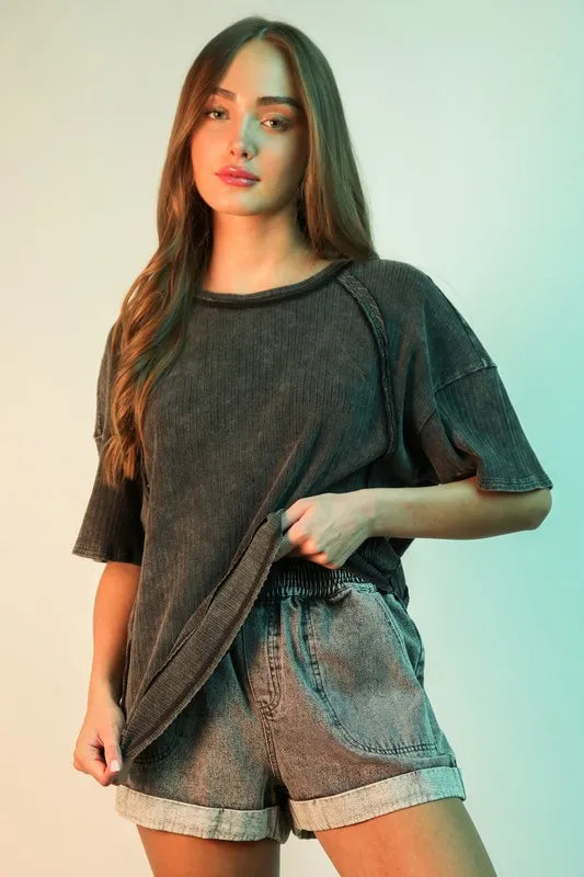 VERY J Full Size Mineral Washed Ribbed Knit Casual Top Plus Size - LoveNest Treasures