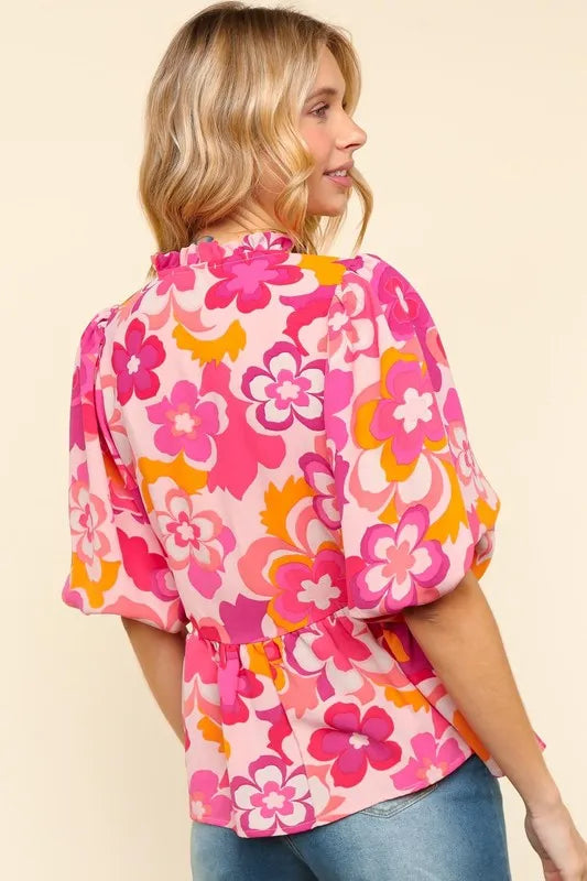 Haptics Full Size Frill Floral Puff Sleeve Blouse - LoveNest Treasures